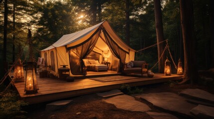 Cozy Rustic Tent Glamping Experience in a Serene Forest at Dusk