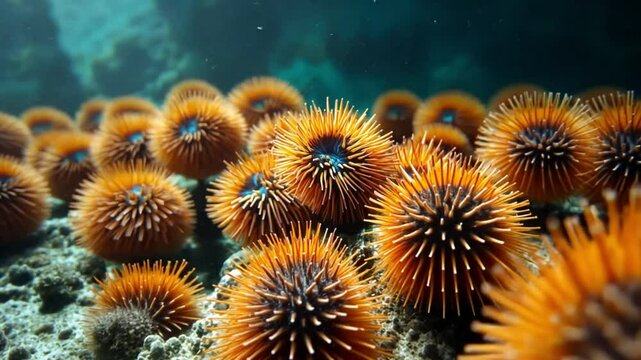 Orange Sea Urchins Underwater Cluster