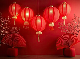 Red background, red lanterns, and paper fans hanging on the wall. Chinese New Year theme, high resolution, high quality, 