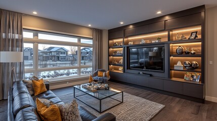 Obraz premium Modern living room featuring large windows with a view of winter scenery and stylish decor in a contemporary home
