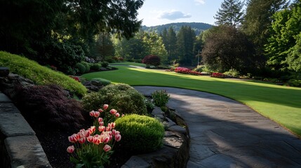 Obraz premium Serene Garden Path at Dawn: A Picturesque Landscape