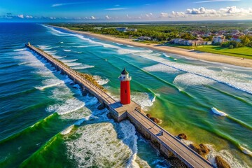 Fototapeta premium Aerial View of Ponce Inlet Jetty, Florida - Dramatic Coastal Landscape