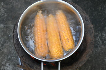 Sweet corn is being boiled. This is a complete food for humans. It contains many vitamins, such as Vitamin B1, B5, C, B9, E, A. Boiled corn on the cob. It's like all over world. Heathy eating. 