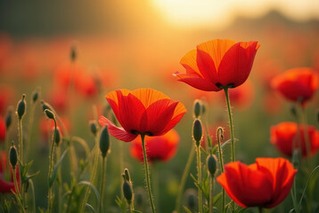 Bright red poppies in a field at golden hour