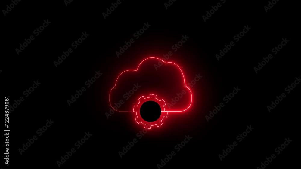 Poster glowing neon cloud-gear-automation icon isolated on black background.cloud computing icon with flowi
