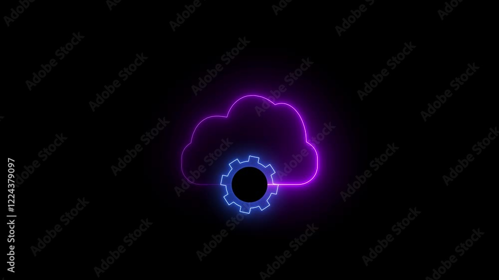 Poster glowing neon cloud-gear-automation icon isolated on black background.cloud computing icon with flowi