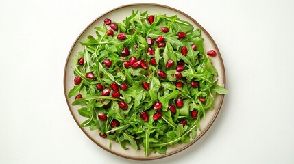 Arugula salad with fresh pomegranate seeds on a white background.