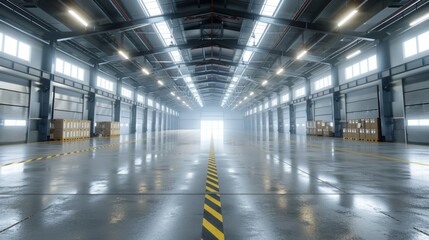 Obraz premium Spacious and bright warehouse interior with organized aisles and shelves full of boxes