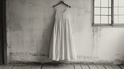 A simple white maxi dress hangs on a rustic wooden hanger against a worn wall.