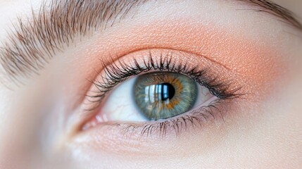 Obraz premium Close-up of a woman's eye with peach eyeshadow