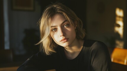 Fototapeta premium Young woman in soft natural light with a thoughtful expression.