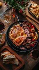 Festive meat pie with roasted potatoes and cranberries on a dinner table.