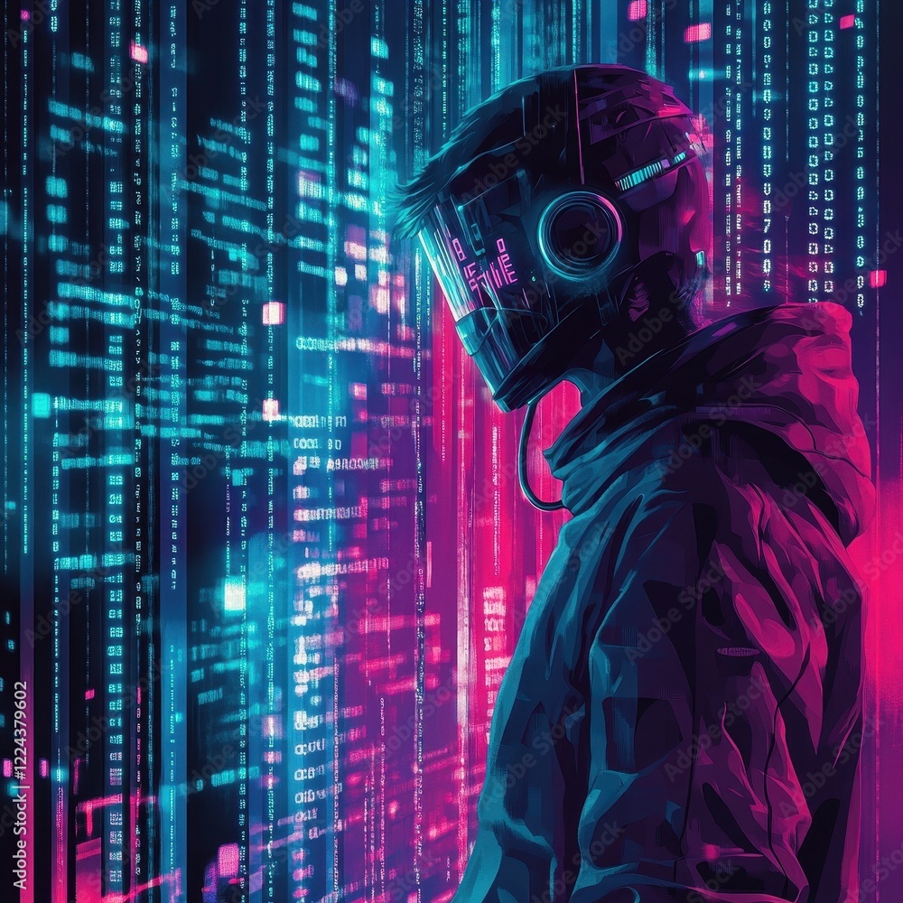 Poster cyberpunk figure observing digital data streams
