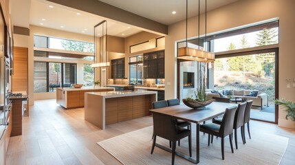 Fototapeta premium Contemporary kitchen and dining space with minimalist design and large windows offering nature views