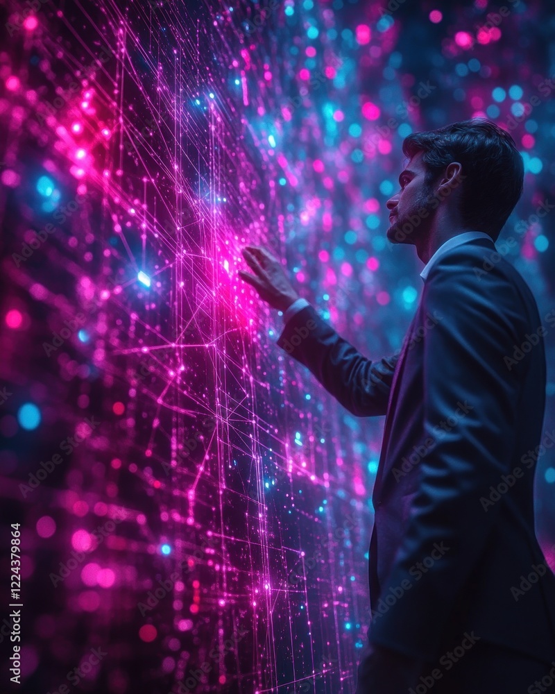 Poster Businessman Analyzing Digital Network Data Points and Connections in Futuristic Technology Environment