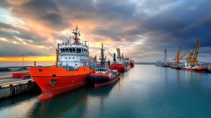 Fototapeta premium Tugboats and Supply Vessels at Harbor during Sunset with Dramatic Sky and Reflective Water Surface