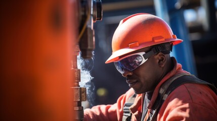 Close-Up of Worker in Protective Gear on Drilling Rig