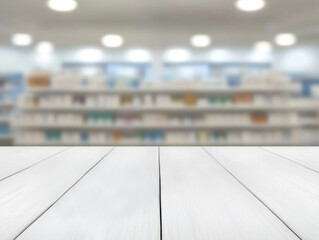 Obraz premium a white countertop with a pharmacy blurred in the background