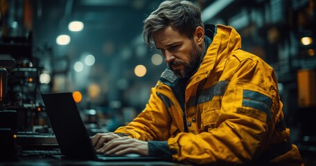 Fototapeta premium Industrial Technician Inspecting Plant Equipment with Laptop in High-Tech Environment