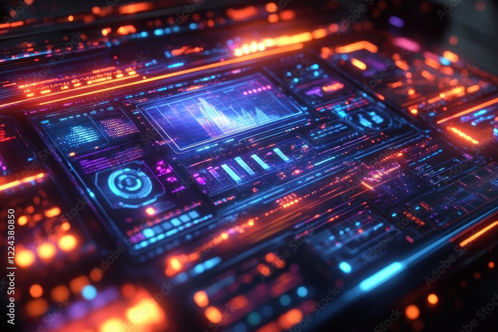 Poster Futuristic Digital Workspace with Glowing Laptop and Holographic Data Visualizations