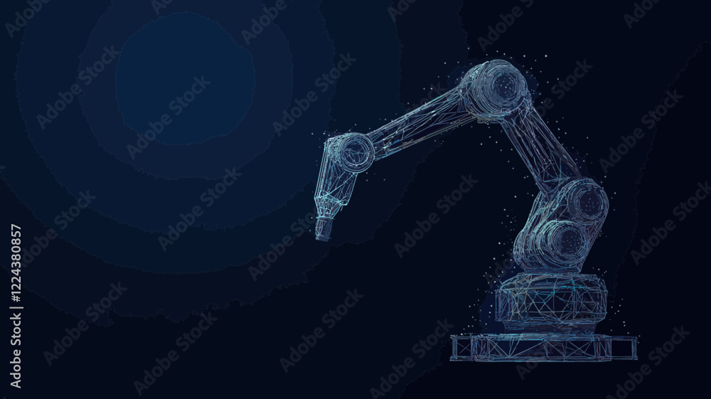 Poster futuristic robotic arm automation concept - polygonal wireframe with lines and dots on dark blue bac