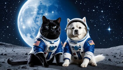 A Cat and Dog In shiny, Futuristic Silver Space Suit, A Fluffy Cat and A playful Dog Wearing Space Suit