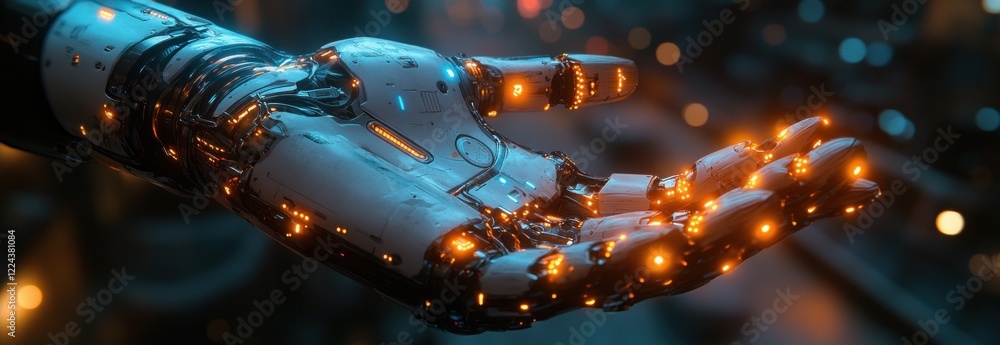 Leinwandbilder AI Robot Hovering in Hand for Data Exchange and Global Connection in Technology and Machine Learning