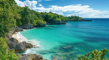 Fototapeta premium Secluded tropical island covered in thick green vegetation, surrounded by deep blue ocean and a cloudless sky.