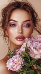 A beautiful woman radiates elegance with her captivating gaze and flawless makeup, framed by lush purple flowers. The soft background enhances her enchanting features, creating a serene atmosphere