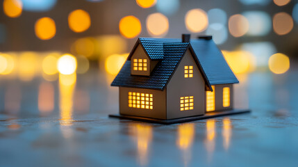 Cozy illuminated model house with bokeh background