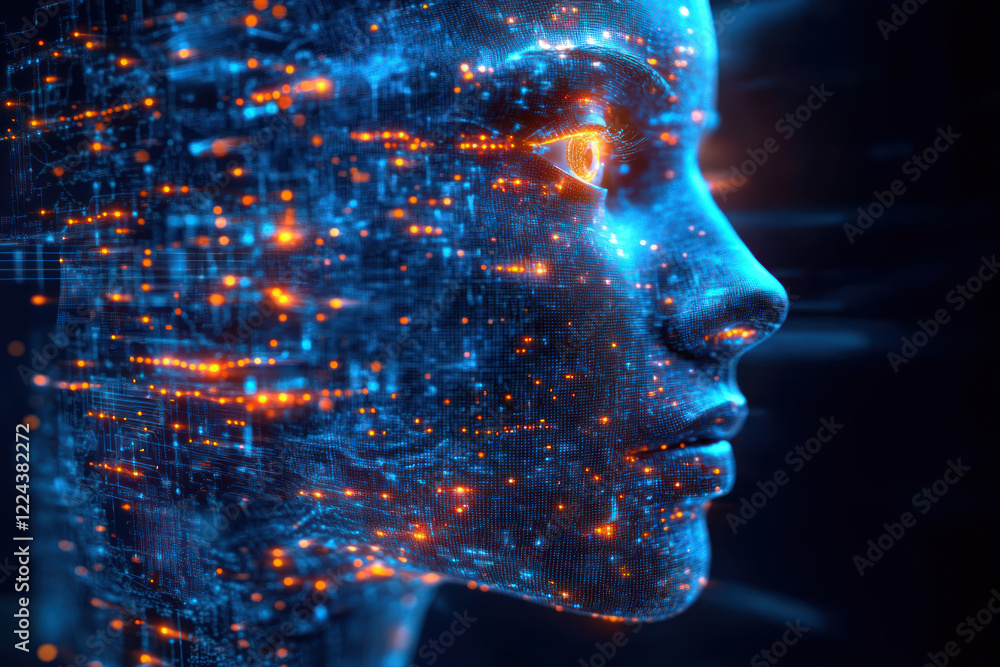Poster a cybernetic head created from a multitude of digital dots and lines resembling a complex network.