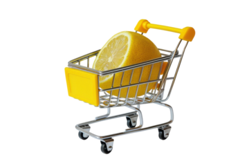 A vibrant yellow lemon nestled in a miniature shopping cart against a clean white background, evoking a playful shopping experience isolated on transparent background