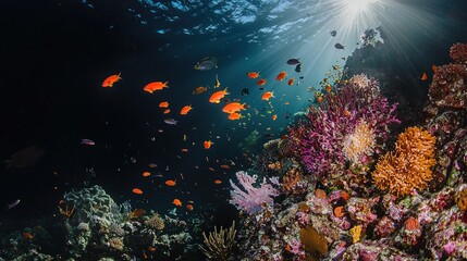 Obraz premium Vibrant Underwater Coral Reef Ecosystem with Sunbeams