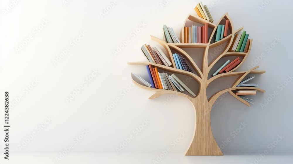 Poster a minimalist tree-shaped bookshelf filled with colorful books and open pages, set against a clean wh