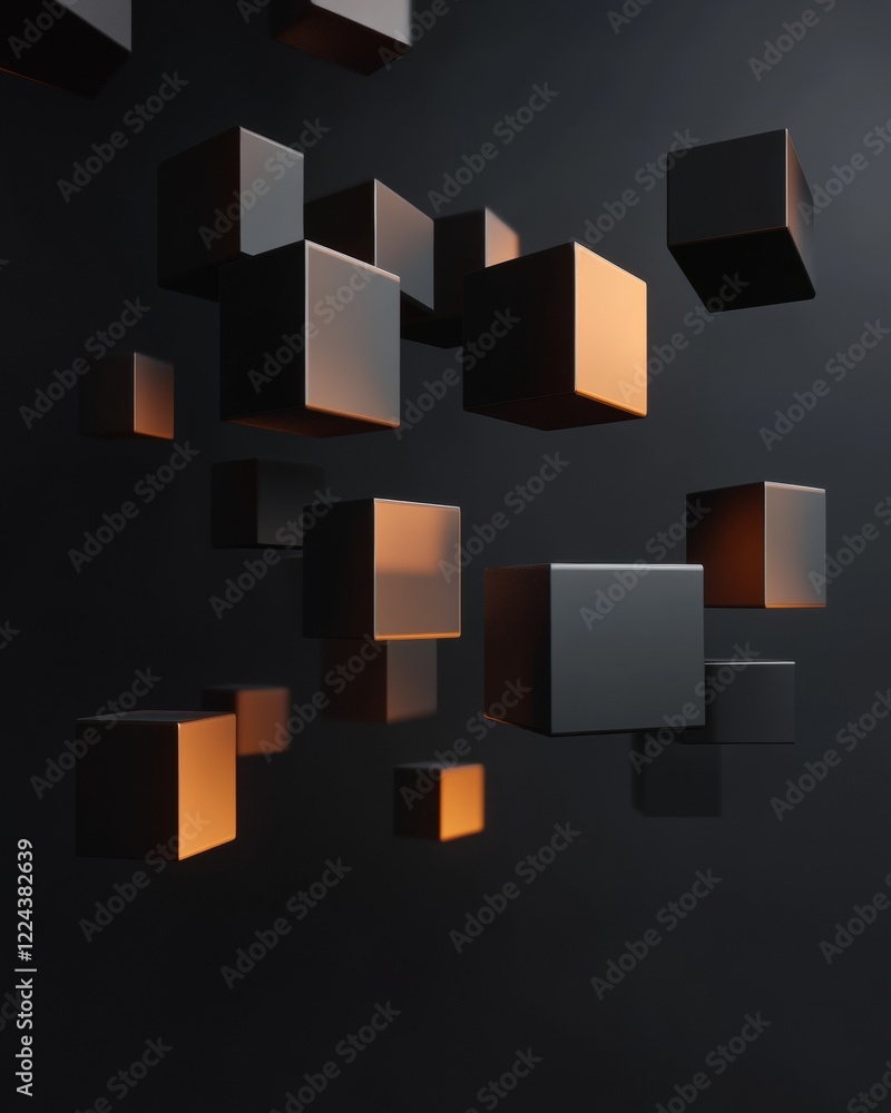Fototapete geometric minimalism floating matte black cubes with warm lighting - innovative design elements for 