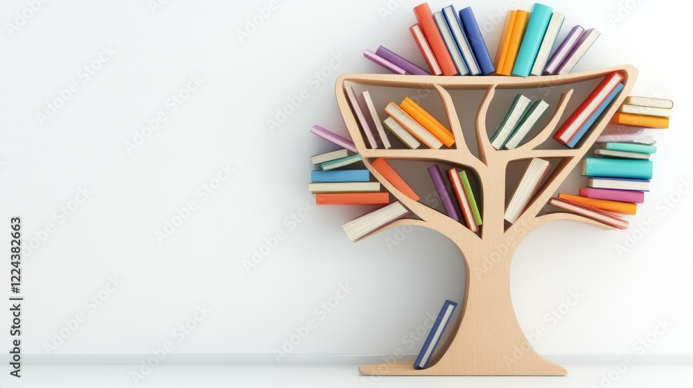 Poster a minimalist tree-shaped bookshelf filled with colorful books and open pages, set against a clean wh