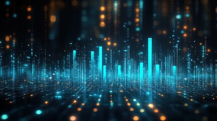 Holographic-style line chart glowing in blue and green, floating in a dark space with data labels