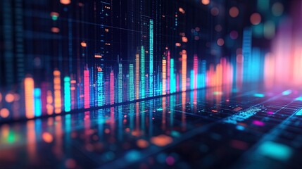 Holographic-style line chart glowing in blue and green, floating in a dark space with data labels