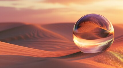 Reflective Sphere on Sand Dunes Capturing Warm Landscape and Sky