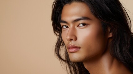 Fototapeta premium A captivating Asian model poses confidently with his long straight hair flowing effortlessly. The warm beige background highlights his features, creating an elegant and artistic allure