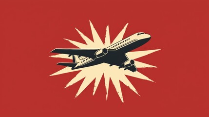Airplane soaring through a vibrant, stylized sunburst background in a bold color scheme