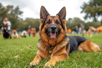 Naklejka premium German Shepherd Dog Lying on Grass in Park Enjoying Sunny Day