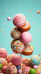 delicious cake pops, lollipops with different toppins on blue background