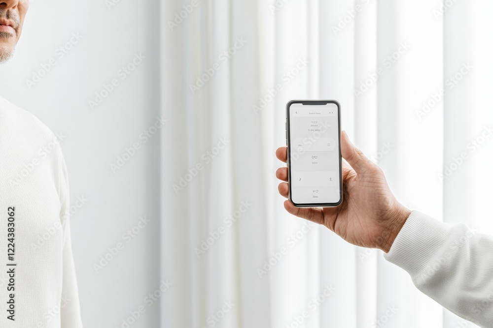 Aufkleber minimalist home automation korean man using smartphone interface for lighting control in neutral-ton