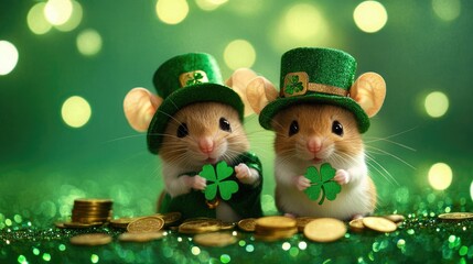 A pair of cute mice in leprechaun outfits celebrate St. Patrick's Day, with clovers and coins scattered on a glittery green background