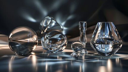Transparent glass objects reflecting light against a dark backdrop