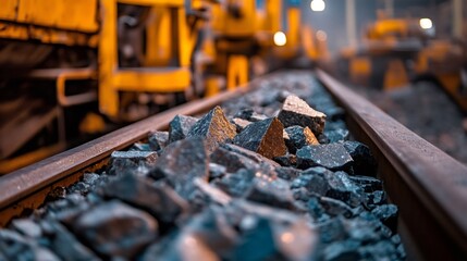 Industrial mining cart transporting rocks along rail tracks