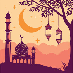 Create a vibrant Ramadan scene featuring a crescent moon, lanterns, and a mosque at sunset