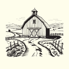Fototapeta premium Hand-drawn farm ranch sketch line art illustration