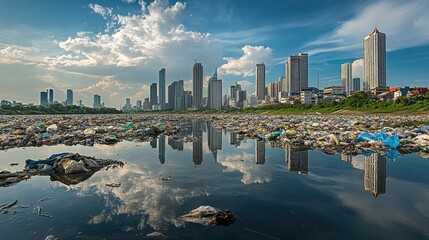 Naklejka premium A serene urban skyline mirrors on a river overwhelmed with garbage, emphasizing the contrast between progress and neglect.